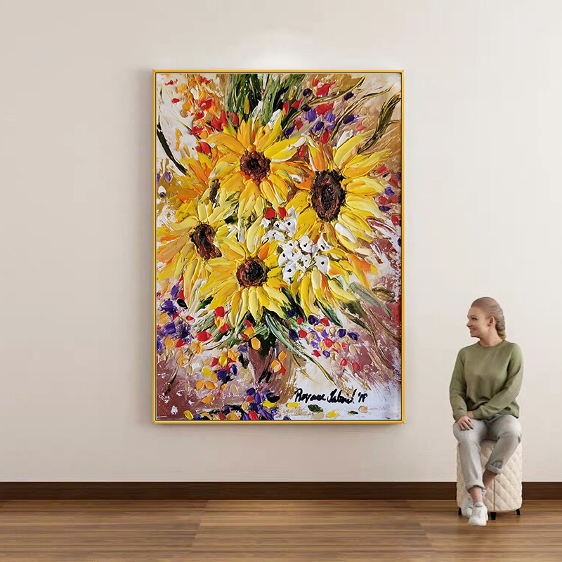 Home Decor Color Palettes - 생동감 넘치는 3D 임파스토 해바라기 유화,