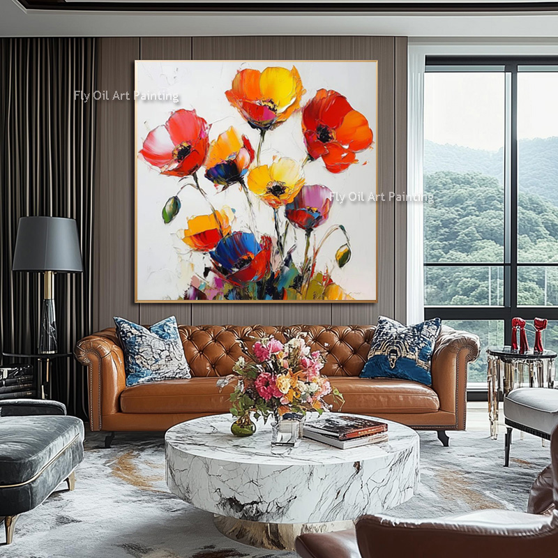 두꺼운 임파스토 핸드페인팅 양귀비꽃 유화, 화려한 팔레 - Home Decor Color Palettes 리뷰 및 가격