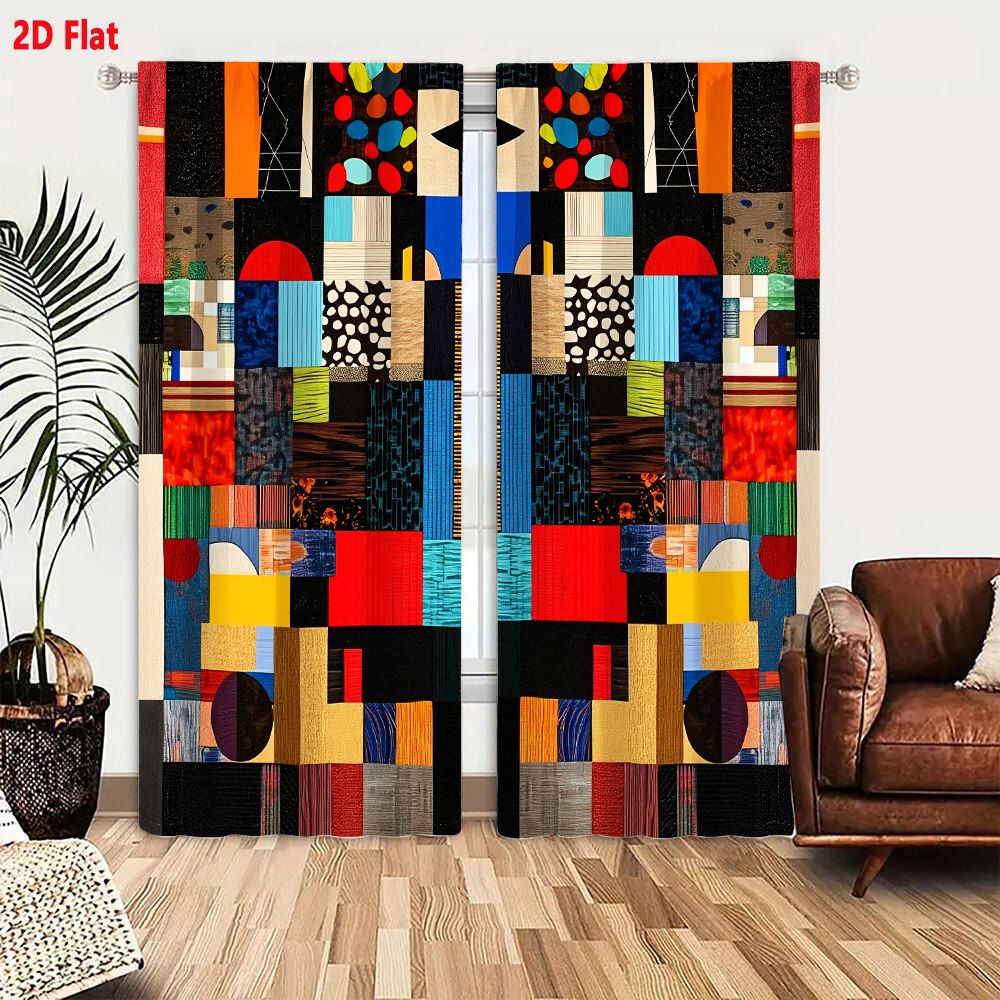 2피스 커튼, 2D 플랫 생생한 추상 기하학 무늬 퀼트 - Home Decor Color Palettes 리뷰 및 가격