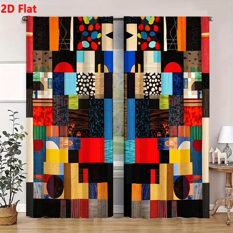 2피스 커튼, 2D 플랫 생생한 추상 기하학 무늬 퀼트 - Home Decor Color Palettes 리뷰 및 가격